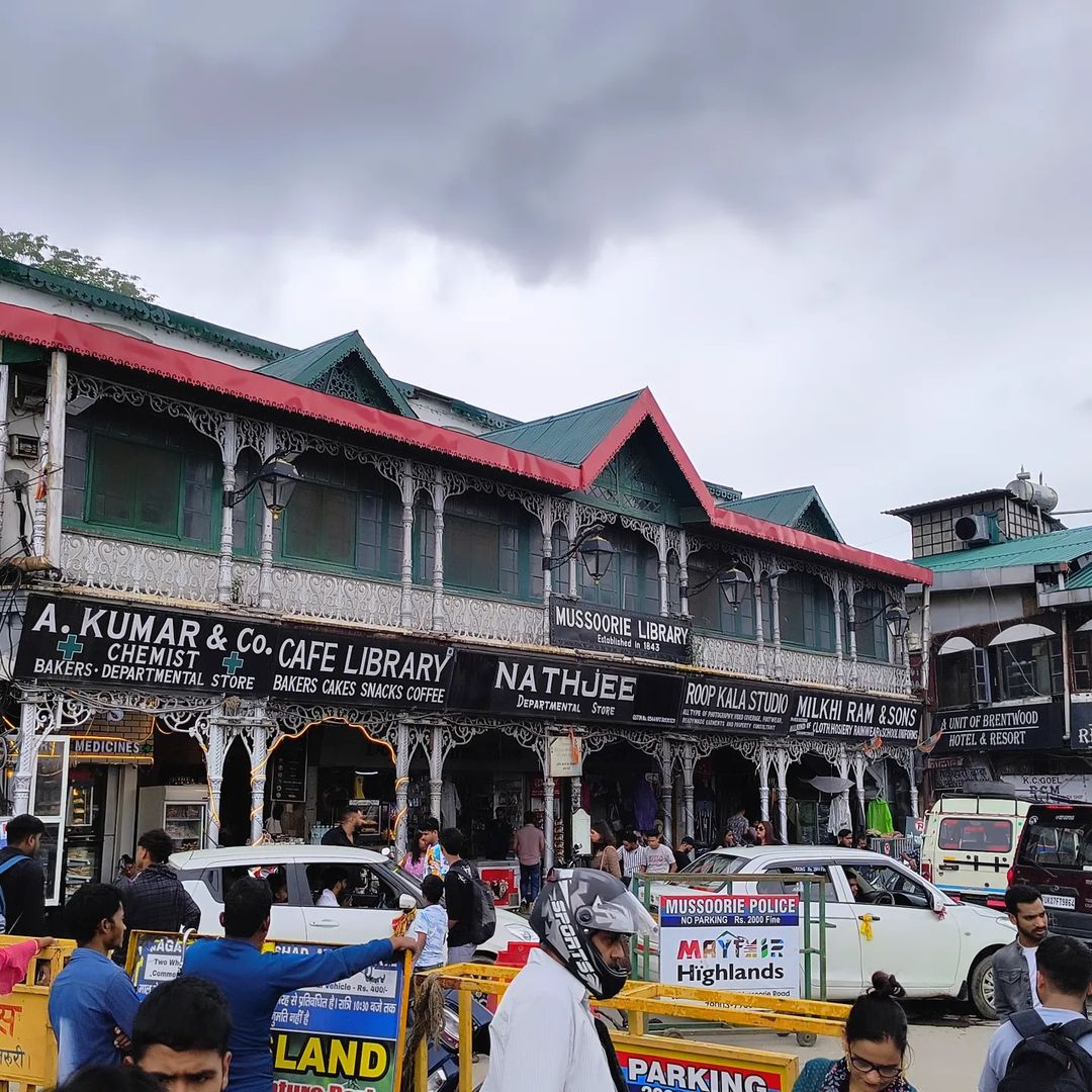 Library Bazaar Mussoorie with vibrant shops and Himalayan views
